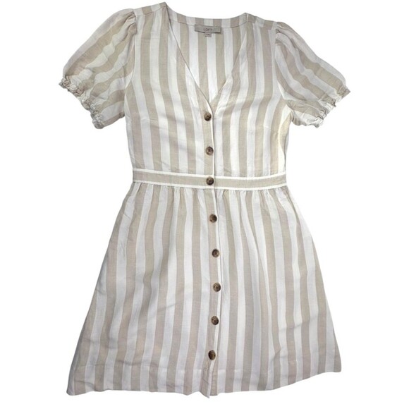 LOFT Neutral Beige Stripe Linen Dress Button Front Knee Length Puff Sleeve 8 - Picture 1 of 16